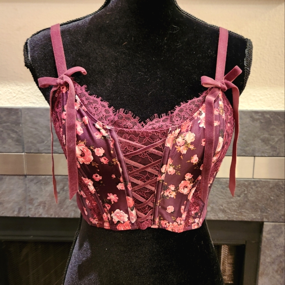 Victoria's Secret Wine Floral Corset Bustier Roses Lace Small NWT